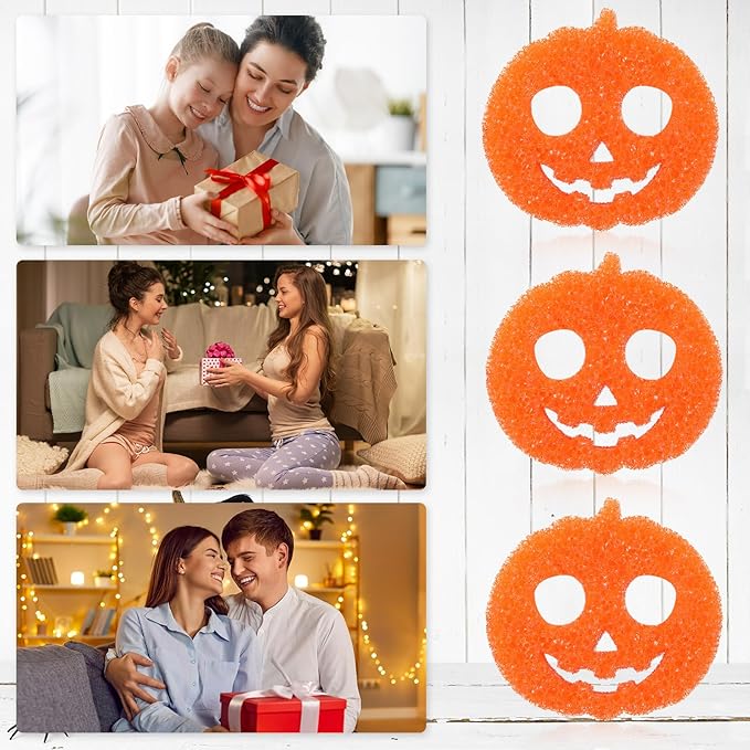 3 Pcs Dual Sided Scrub Sponge Multi Functional Cute Temperature Sensitive Non Scratch Dish Sponge for Washing Dishes Kitchen Bathroom(Halloween Pumpkin,Orange)