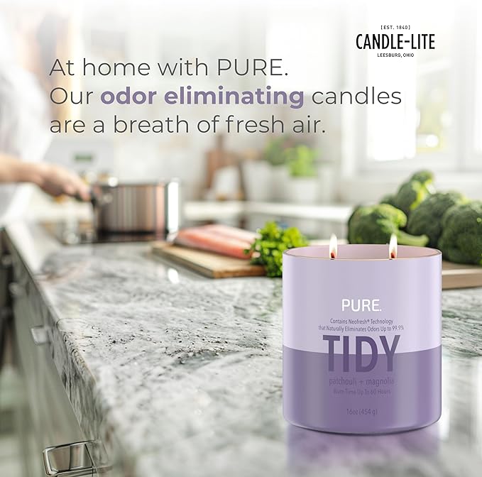 Candle-Lite Pure Patchouli & Magnolia Odor Eliminating Scented Candles, Neofresh Technology Eliminates 99.9% of Odors, 16 oz 2-Wick Jar, Proudly Poured in The USA, Up to 60 Hours Burn Time