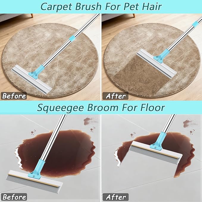 Hotsky Carpet Rake for Pet Hair Removal,3 in 1 Reusable Silicone Carpet Broom,54 inch Adjustable Cat Dog Hair Remover Tool with Lint Scraper and Patented Design for Rugs,Mats,Sofas,Floors