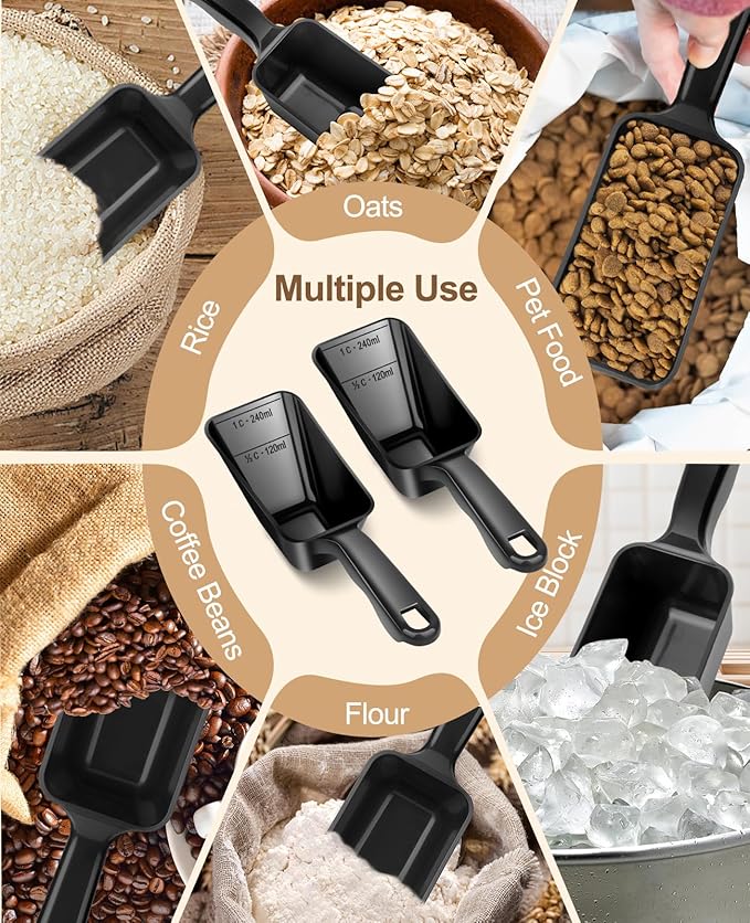 2-Pack Dog Food Scoop 1 Cup, Plastic Pet Food Measuring Scoop With Measuring Lines (1/2 & 1 Cup Markings) for Dogs, Cats, Fish, Bird（Black)