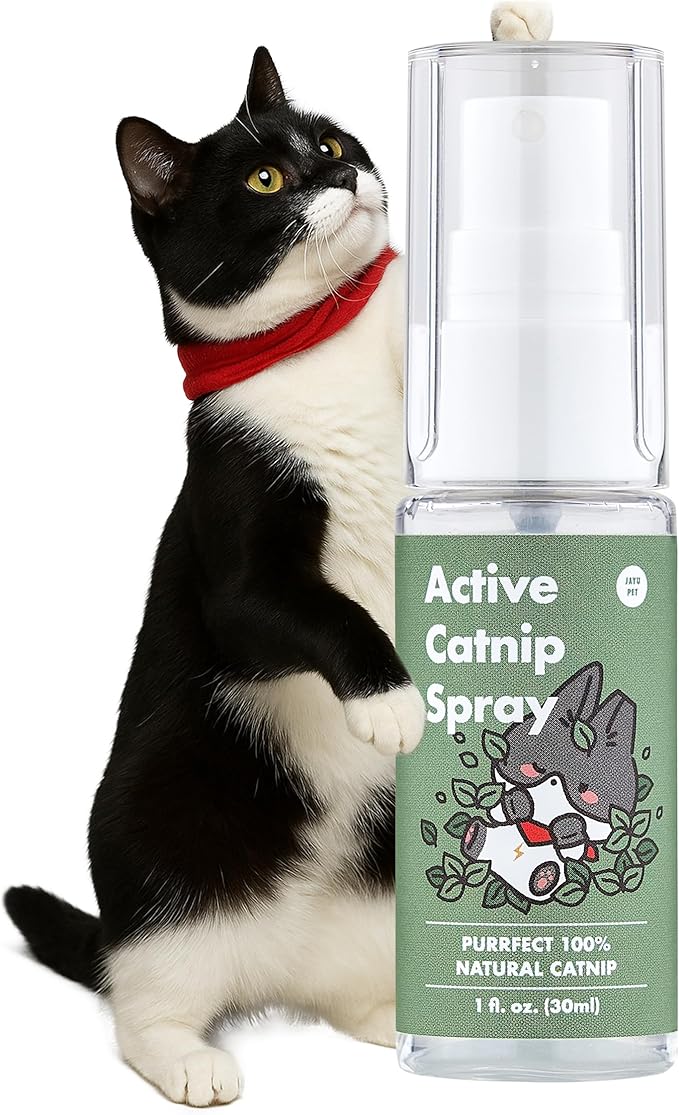JAYU PET Active Catnip Spray - High Potency Transparent Liquid Spray made of Fresh Organic Catnip for Indoor Cats and Kittens, Relieves Stress, Calming, Revives Toys (1fl oz) (Catnip Spray, 1fl oz)