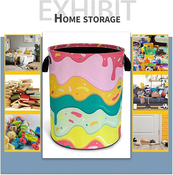 Ice Cream Laundry Basket Desserts Cartoon Pattern Foldable Oxford Cloth Funny Tote Bag Laundry Hamper Clothes Storage Bucket Toy Organizer For Bathroom/Laundry Storage/Bedroom18.9x16.5 In