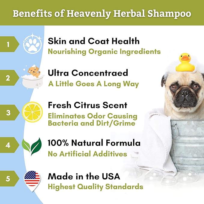 Wholistic Pet Organics Pet Shampoo Concentrate: Heavenly Herbal Organic Dog Shampoo and Conditioner - All Natural Puppy and Cat Shampoo for Dry, Itchy Skin, Allergies, Dandruff - Flea Shampoo - 16 Oz