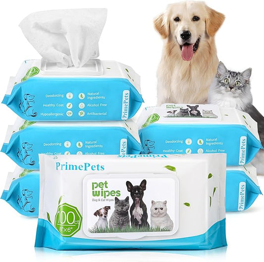 Prime Pets Dog Grooming Wipes, 600 Count, 6x8 Inch Deodorizing Wipes for Dogs & Cats, 100% Fragrance Free, Natural Pet Wipes for Cleaning Face Bum Eyes Ears Paws Teeth, Dog Wipes