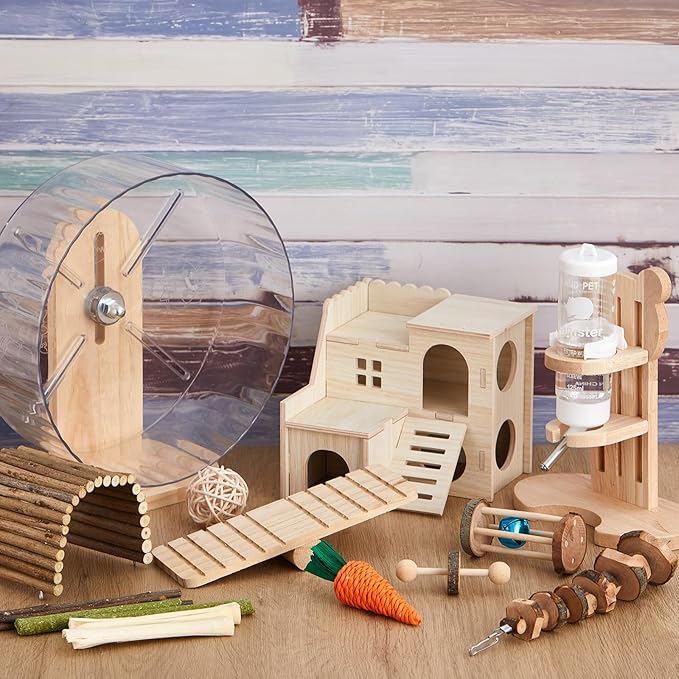 18 Pcs Hamster Cage Accessories, Silent Hamster Wheel, 15 Chew Toys Set, Maze Wood House and Water Bottle Set for Rat Mice Small Animals Habitat (Fun Interactive Style)