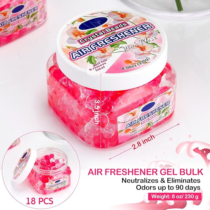 18 Pack Odor Eliminator Gel Beads Bulk 8 Ounce Air Freshener Gel Beads Scent Removing Long Lasting Eliminates Odors for Home, Bathrooms, Cars, Boats, RVs and Pet Areas(Rose)