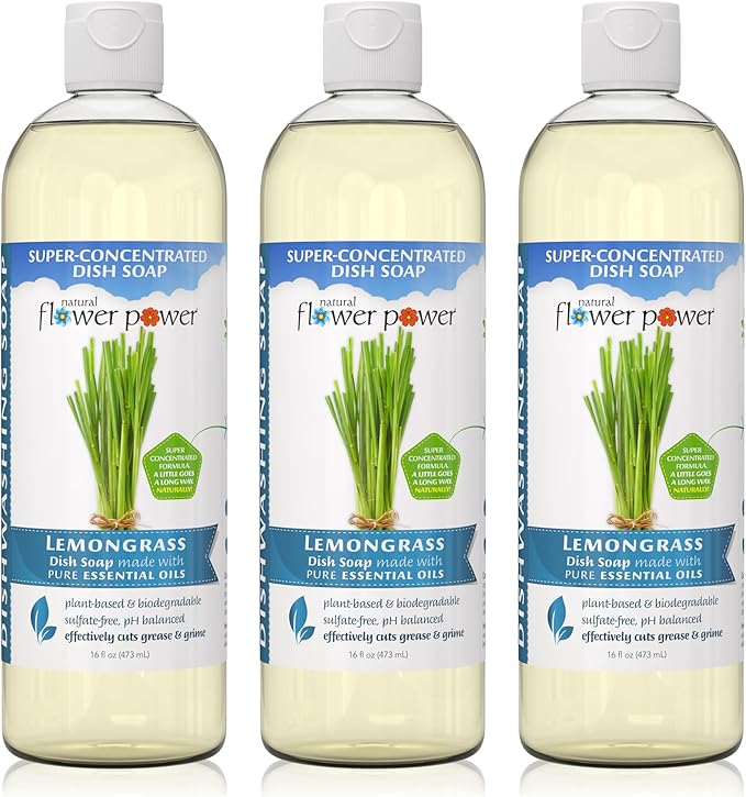 Natural Flower Power Liquid Dish Soap – Lemongrass – Plant-Based & Scented w/ Pure Essential Oils – Natural Liquid Dishwashing Detergent – Sulfate-Free Gentle Kitchen Soap – Vegan (16 Fl Oz 3 Pack)