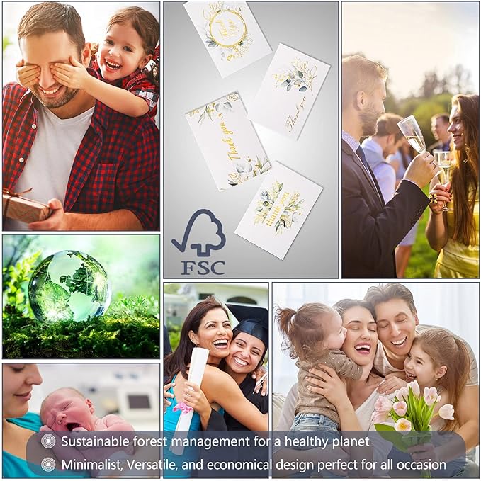 100 Bulk Thank You Cards with Envelopes White and Greenery Gold Foil – Floral watercolor Cards Thank You Notes with Envelopes and Eucalyptus leaves for Wedding Bridal Baby Shower Graduation Fune