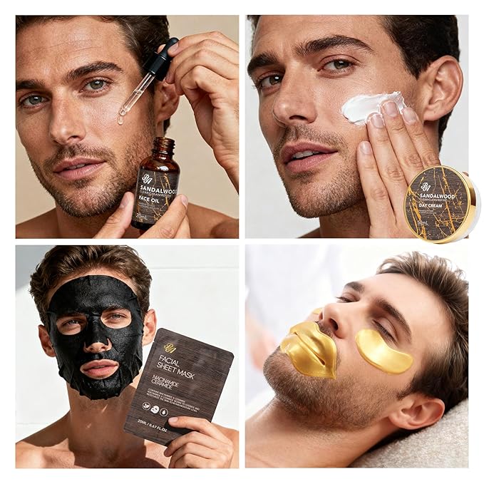 Sandalwood Beard Grooming Set For Men, 21 Pcs Facial Skin Care Set, Spa & Self-Care Gift, Bath and Body Gift Set, Bath Bomb, Bear Oil, Face Serum, Birthday, Christmas, Valentines, Father Day, Husband