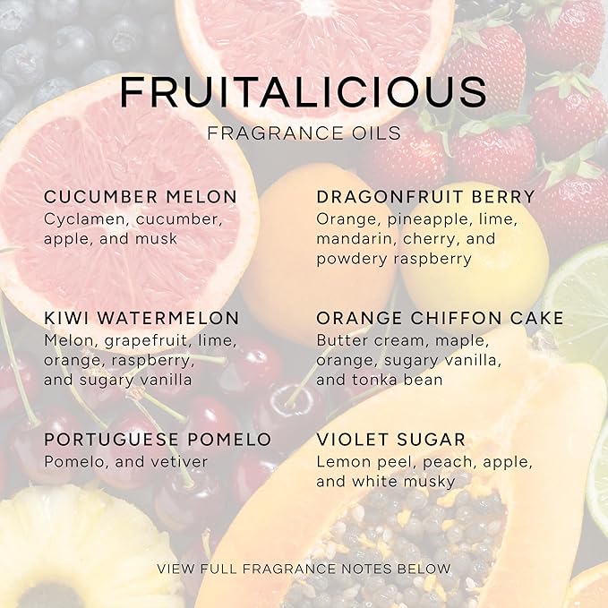 Eternal Essence Oils Fruitalicious Set of 6 Premium Fragrance Oils - Violet Sugar, Kiwi Watermelon, Orange Chiffon Cake, Cucumber Melon, Portuguese Pomelo, and Dragon Fruit Berry Scented Oils - 10ML