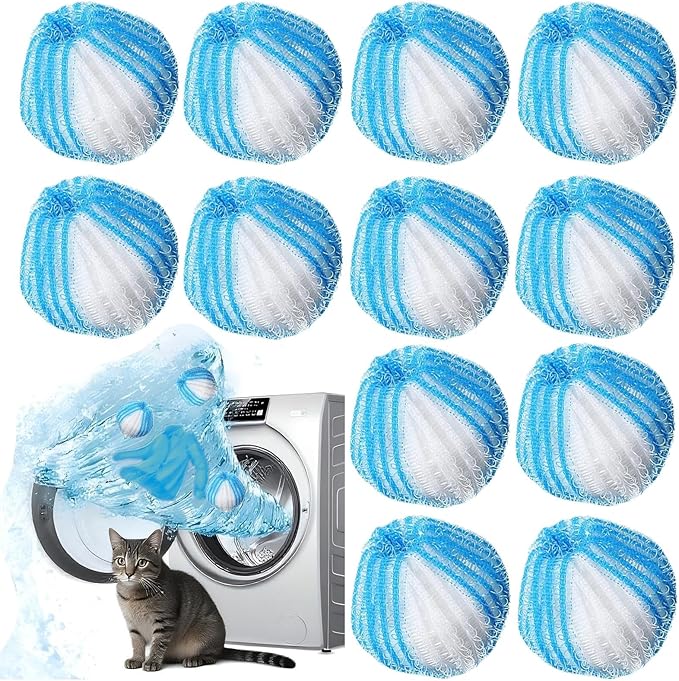 Upgrade 12 PCS Pet Hair Remover for Laundry, Reusable Dog & Cat Hair Catcher for Washer & Dryer, Removes Fur & Lint from Clothes & Bedding, Won’t Damage Fabrics (Sky Blue White)