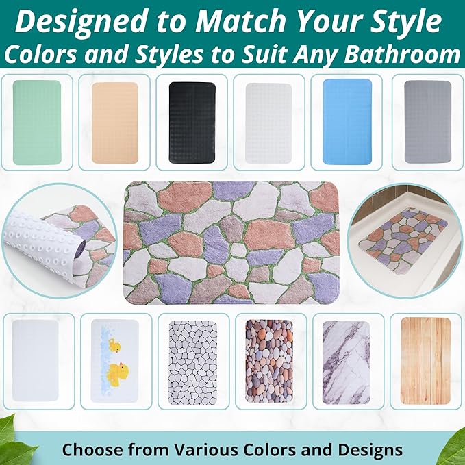 ENKOSI Non Slip Shower Mat – Bath Mat for Tub and Shower Floors – Anti Slip Bathtub Mat with Strong Suction Cup Grip – Unique Design Soft Bathroom Mat for Inside Baths and Showers (28x16 Stone Path)