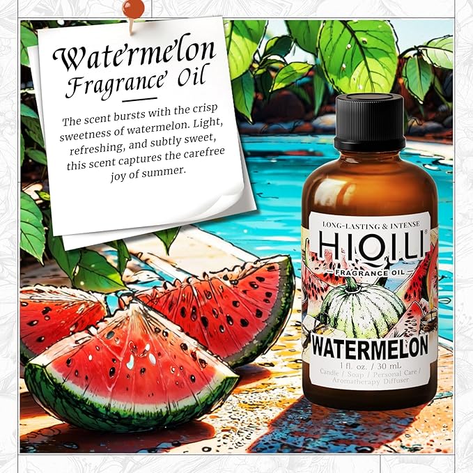 HIQILI Watermelon Fragrance Oil for Candle & Soap Making, DIY Fruity Perfume, Bath Bombs, Long-Lasting Diffuser Oil, Skin Care - 1 Fl Oz