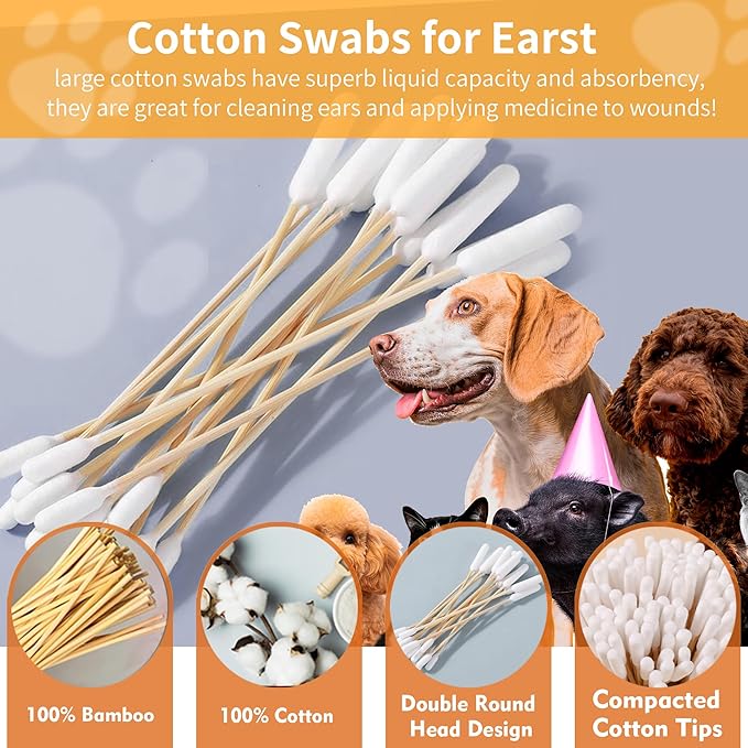 200 PCS 6 Inch Long Cotton Swabs in Box - Professional Large Cotton Swabs with Bamboo Handle - Double Sided Dog Ear Swabs - Specially Designed Big Cotton Swabs for Dog Ear, Cleaning Solution