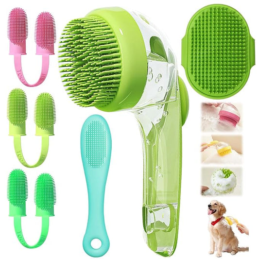 6Pcs Dog Bath Brush Set with Soap Dispenser - Cat Brush & Dog Toothbrush Kit | Silicone Pet Bathing Supplies for Washing, Shower & Shedding | Includes Finger Toothbrush, Scrubber for Small Breed