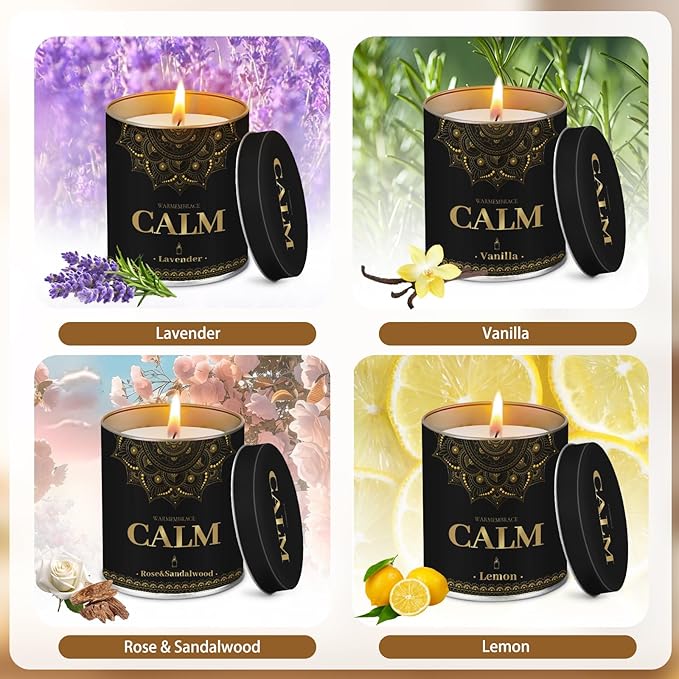WarmEmbrace Scented Candles, 9 Oz Jar Candles for Home, Office, Meditation, Yoga, Candles for Women & Men, Birthday, Christmas, Valentine's Day Present, Lavender, Vanilla, Rose & Sandalwood, Lemon