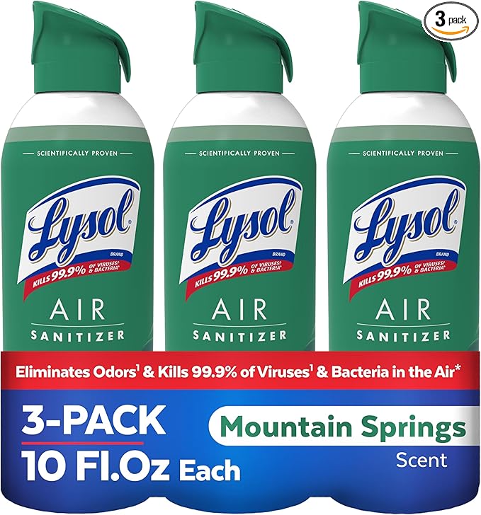 Lysol Air Sanitizer Spray with Odor Eliminator for Home & Office, Sanitizing Spray, Air Freshener Alternative, Mountain Spring Scent, 10 oz (Pack of 3)
