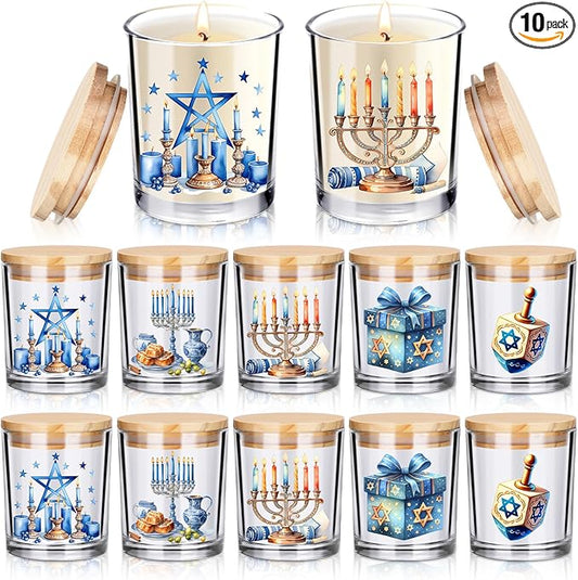 10 Pcs Hanukkah Glass Candle Jars Empty Containers Bulk 7 oz Chanukah Menorah Star David Dreidel Glass Jars with Cork Lids Tins for Candle Making Storing Biscuits Party Favors