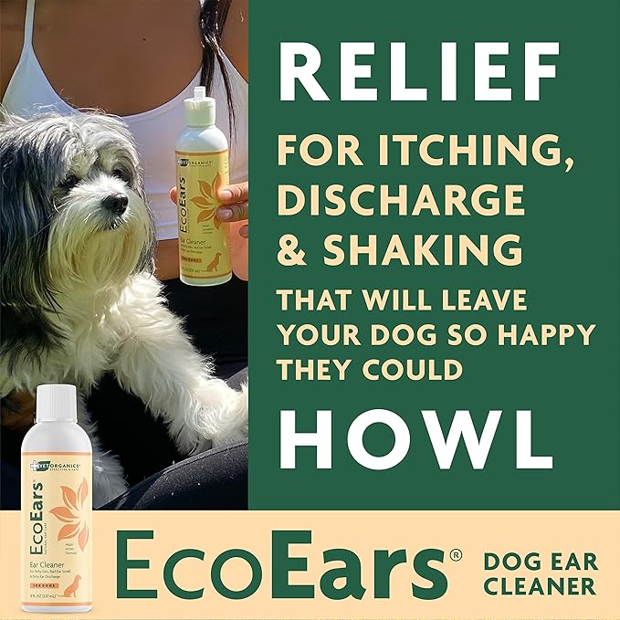 Vet Organics EcoEars Dog Ear Cleaner Solution–8 Oz. Natural Dog Ear Multi-Action Formula for Large or Small Canines – Ear Drops to Alleviate Itchy Ears, Shaking, & Otic Discharge–Puppy Supplies 2pk
