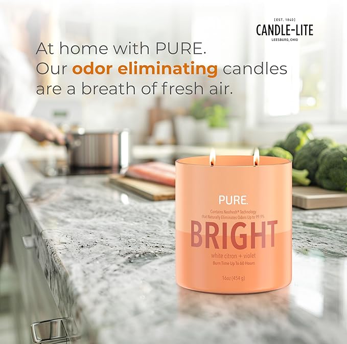 Candle-Lite Pure White Citron & Violet Odor Eliminating Scented Candles, Neofresh Technology Eliminates 99.9% of Odors, 16 oz 2-Wick Jar, Proudly Poured in The USA, Up to 60 Hours Burn Time