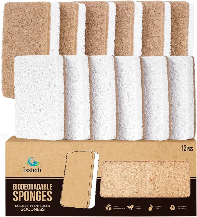 Plant-Based Kitchen Sponges - FSC Certified and PETA Approved, Natural, Eco-Friendly, Biodegradable Sisal Hemp Sponges for Dishes, Cleaning Sponge for Kitchen, Bathroom, Household - 12 Count
