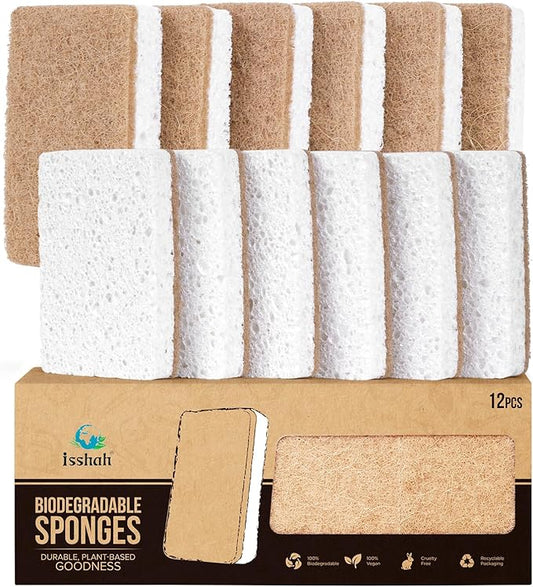 Plant-Based Kitchen Sponges - FSC Certified and PETA Approved, Natural, Eco-Friendly, Biodegradable Sisal Hemp Sponges for Dishes, Cleaning Sponge for Kitchen, Bathroom, Household - 12 Count