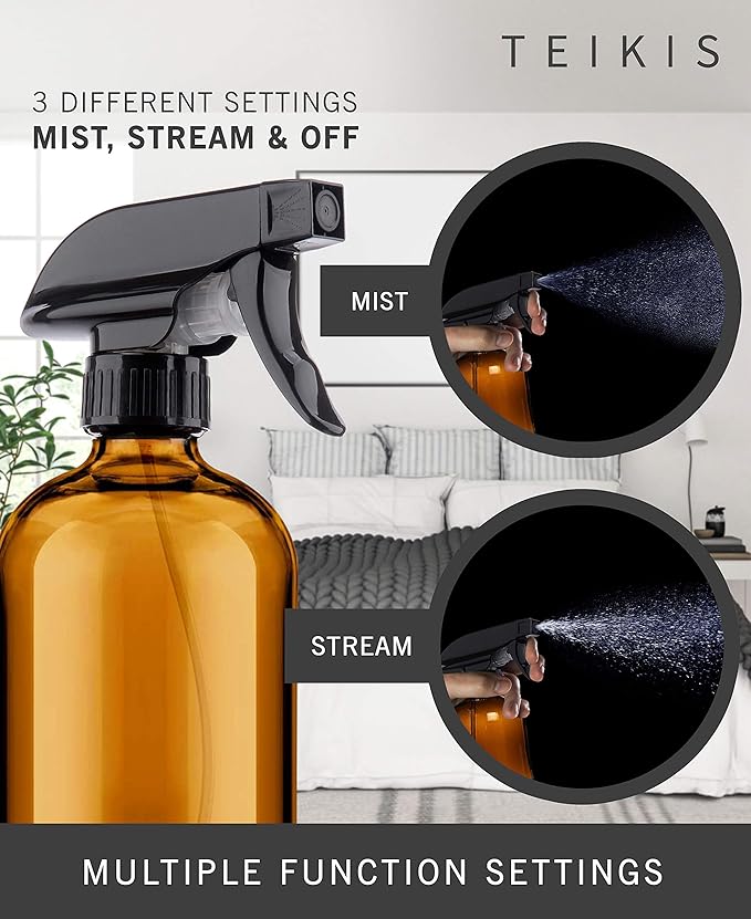 2 Pack Amber Glass Spray Bottles - 16 oz Mist & Stream Sprayer - Heavy Duty Brown Boston Round Bottle - Refillable Empty Containers for Essential Oils, Aromatherapy, Hair, Kitchen & Cleaning Solutions