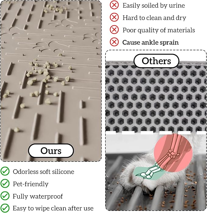 OHMO Cat Litter Mat Trapping Mat Premium Silicone Rubber 23.5x16 Beige, Waterproof and BPA Free Kitty Litter Box Mat, Easy to Clean and Keeps The Floor Tidy