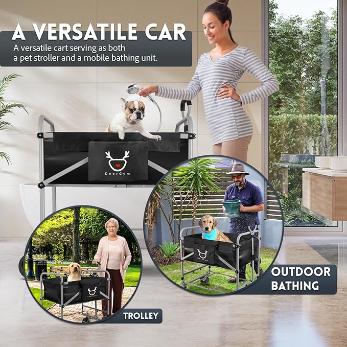 2-in-1 Dog Bathtub and Dog Stroller, Portable Dog Bath and Pet Stroller for Small and Medium Dogs (5-55 lbs) and Cats, Four-Wheel Bathing Cart with Brake Grey