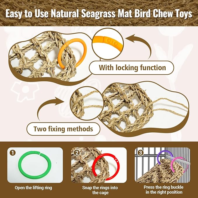 29.5 x 7 inches Large Bird Seagrass Mat Grass Woven Net Parrot Hammock Mat Parakeet Climbing Rope Ladder with Hooks Bird Cage Accessories for Conure Cockatiel Budgie Macaw