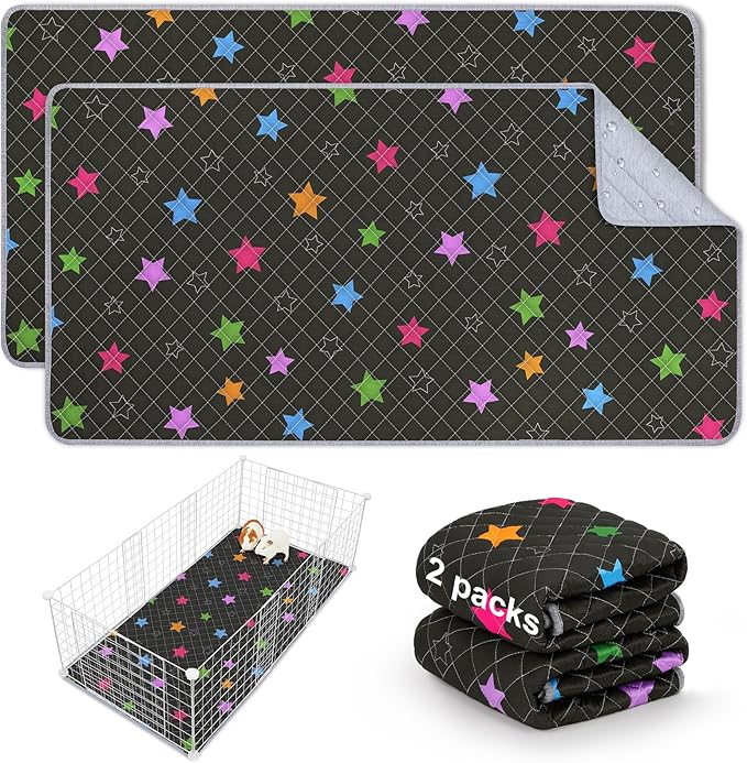 Bienbee Guinea Pig Bedding, 2 Pack 47" x 24" Reusable Guinea Pig Cage Liner Waterproof and Absorbent Small Animal Bedding Washable Guinea Pig Pee Pads for Small Pet Hamster Rabbit Squirrel, Black