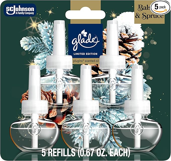 Glade PlugIns Refills Air Freshener, Balsam & Spruce, Scented and Essential Oils for Home and Bathroom, 0.67 Fl Oz, 5 Count