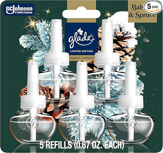 Glade PlugIns Refills Air Freshener, Balsam & Spruce, Scented and Essential Oils for Home and Bathroom, 0.67 Fl Oz, 5 Count