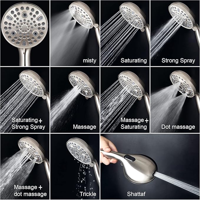 High Pressure Handheld Shower Head, 10-Setting Showerhead, 4.7”Detachable Showerhead Set with 5ft Hose, Adjustable Bracket and Built-in Power Wash to Clean Tub, Tile & Pets - Brush Nickel