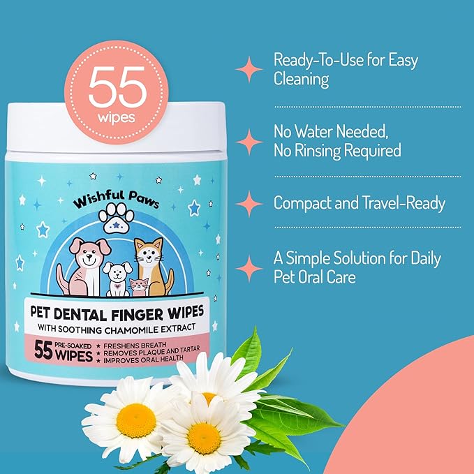 Dog Teeth Cleaning Wipes - Dog Tooth Brushing Kit - Dog Toothbrush Finger Wipes - Removes Plaque & Tartar, Dog Breath Freshener - No-Rinse Pet Dental Care for Dogs & Cats - Easy Use - 55 Count
