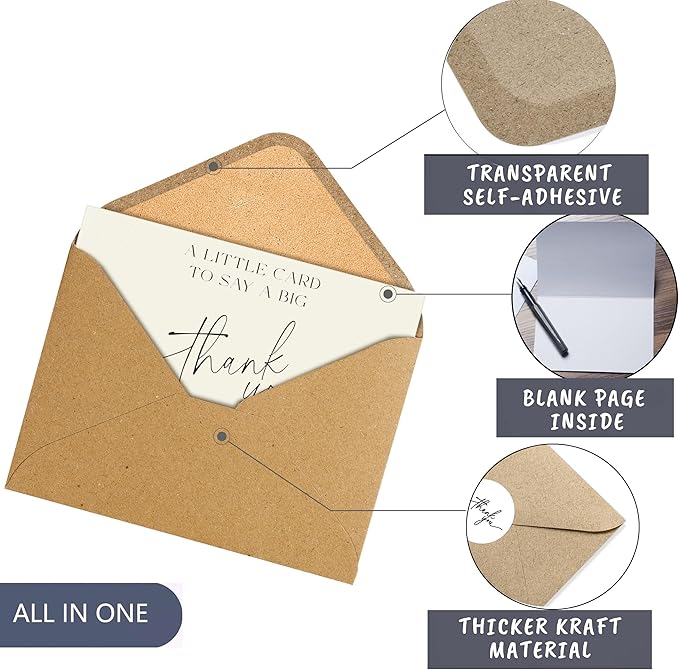 100 Bulk Thank You Cards with Kraft Envelopes and Stickers - 4 Minimalistic Designs Blank Thank You Notes with Envelopes and Heart for Business Wedding Bridal Gift Baby Shower Business Graduation
