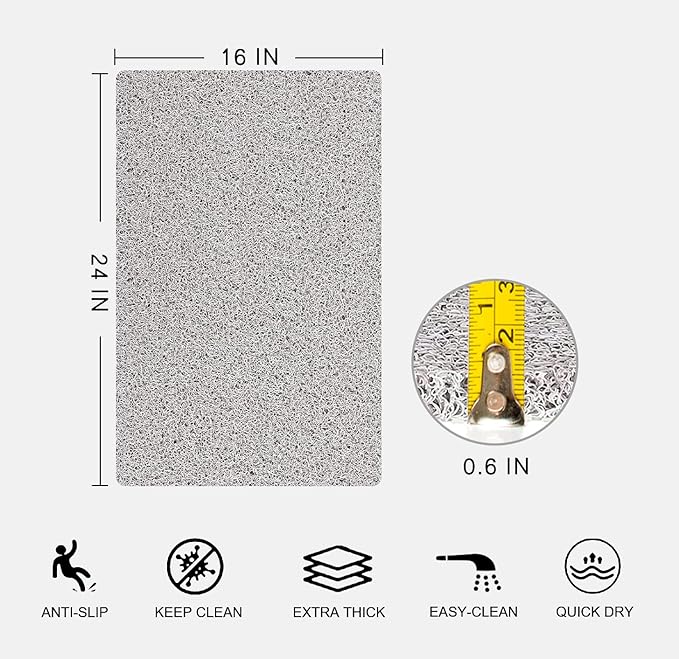 Nonslip Bathtub Mat, Anti Slip Bath Mat 0.6" Extra Thick, Quick Dry Bath Tub Anti Slip Shower Mat, Loofah Non-Slip Bath Mat for Tub Bathroom Pool Kitchen Entryway Home Hotel(Light Gray 16x24)