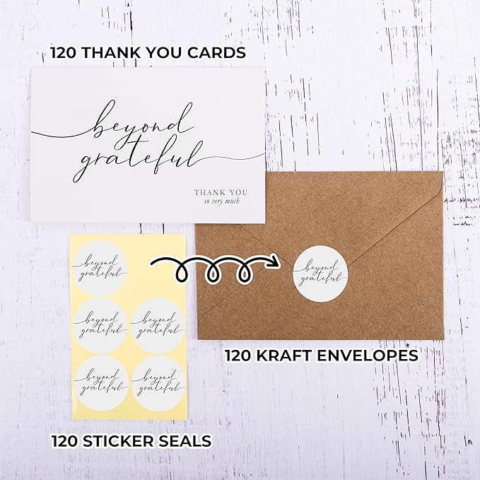 120 Heavyweight Blank Thank You Cards with Envelopes Beyond Grateful Thank You Cards, Bridal Shower, Engagement, Graduation, Wedding Bulk Pack Card with Envelopes & Stickers (4 x 6 Inches) (120 Pack)