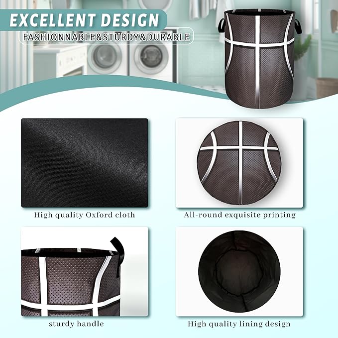 Basketball Texture Laundry Hamper Funny Ball Laundry Basket With Handles Foldable Oxford Cloth Sports Theme Tote Bag Clothes Toy Storage Bucket 18.9" x16.5" For Bathroom/Laundry/Bedroom