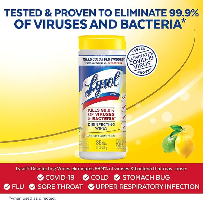 Lysol Disinfectant Wipes, Multi-Surface Antibacterial Cleaning Wipes, Dorm Room Essentials For Disinfecting and Cleaning, Lemon and Lime Blossom, 35 Count (Pack of 3)
