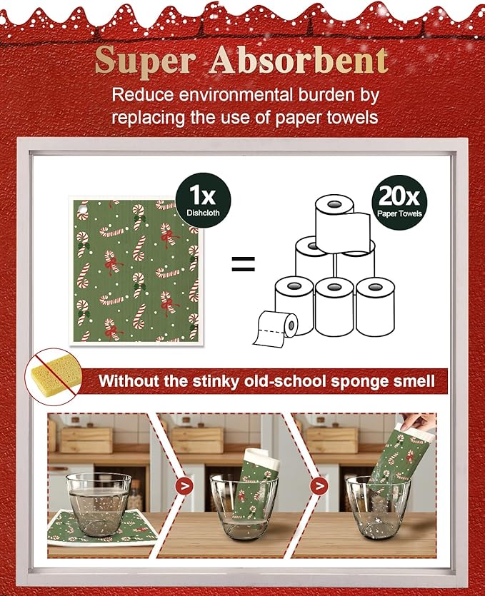 6 Pack Christmas Swedish Dishcloths for Kitchen - Reusable Dish Cloths for Washing Dishes Absorbent Cute Holiday Kitchen Towels Cleaning Sponge, Green Xmas Theme
