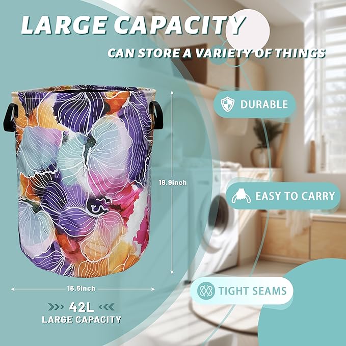 Abstract Watercolor Floral Laundry Basket Foldable With Handles Tote Bag Oxford Cloth Flowers Laundry Hamper Clothes Storage Bucket Toy Organizer 18.9" x 16.5" For Bathroom/Laundry/Bedroom