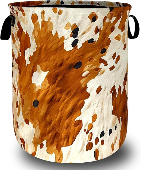 Vintage Cows Pattern Laundry Basket Foldable Cow Brown Cowhide Laundry Hamper With Handle Oxford Cloth Clothes Storage Organizer Basket 18.9"x16.5" Laundry Bag For Laundry Room/Bedroom/Bathrooms