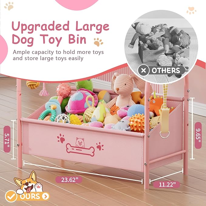 Large Dog Toy Basket (23.6"x11.2"x9.7"), Girl Dogs Toy Bin with Storage Organizer, Trapezoid Pink Toy Box for Dog Stuff Accessories, Pet Toy Storage Holder Chest for Cat Dogs Essential Supplies