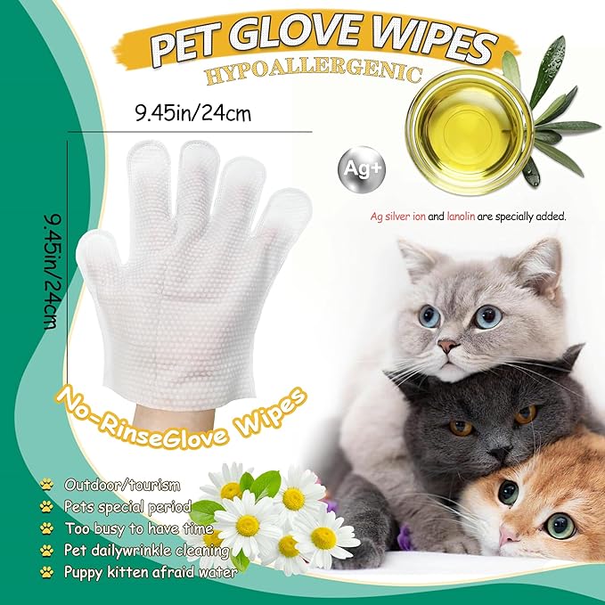 20PCS Pet Cleaning and Deodorizing Grooming Glove Wipes for Dogs and Cats, Extra Thick Nourish Fur No-Rinse Grooming Wipes for Daily Care and Travel, Hypoallergenic