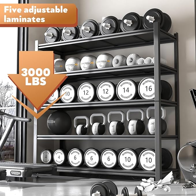 48.2" W Garage Shelving 3000LBS Storage Shelves Heavy Duty Garage Storage Shelves Adjustable 5 Tier Metal Shelves for Storage Industrial Heavy Duty Shelving Utility Shelf 24.2"Dx48.2"Wx 72.2"H