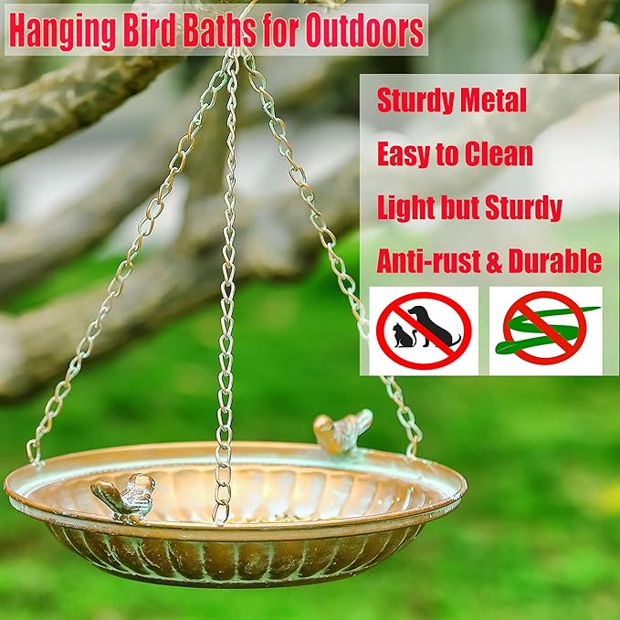 Iron Hanging Bird Baths for Outdoors - Copper Color Hanging BirdBath Basin - Bird Feeder Bowl Plate Tray for Outside Garden Patio Decoration - 11 Inches
