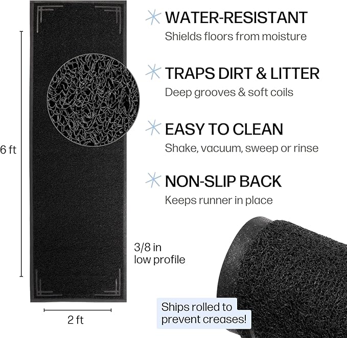 Long Cat Litter Mat Runner 2'x6' - Trap Dirt, Mud and Cat Litter - Premium Waterproof PVC Mesh, Non Slip Rubber Runner for Pets, Entry, Mudroom, Garage, Laundry, RV - Litter Mat XL (Black Modern)