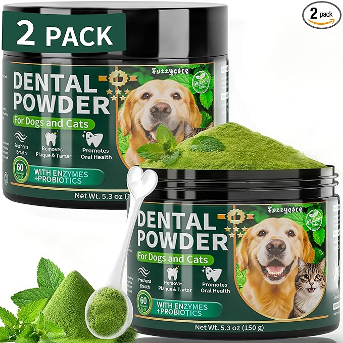 2 Pack Dog Dental Powder, Dog Teeth Cleaning Powder with Natural Herbal Blend, Plaque Off Pet Tooth Cleaning lab co, Targets Tartar & Reduces Plaque & Bad Breath for Dogs & Cats, Mint -150Grams