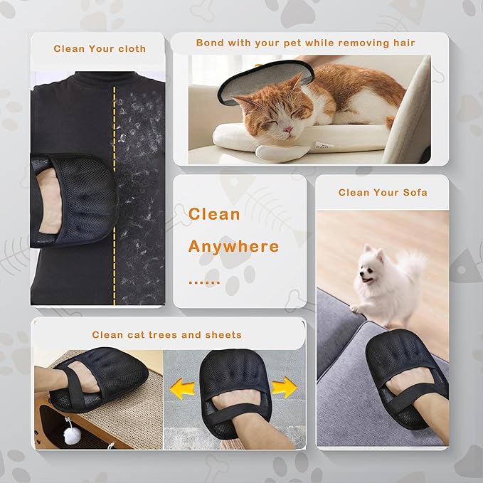 Electrostatic Pet Hair Remover Glove 5-Finger 2x Pack and Self Cleaning Pet Flea Comb Grooming Brush - Furniture& Car Hair Removal Kit Deep & Surface Hair Care (2-Gloves（Black）& 2-Combs(Green,Yellow))